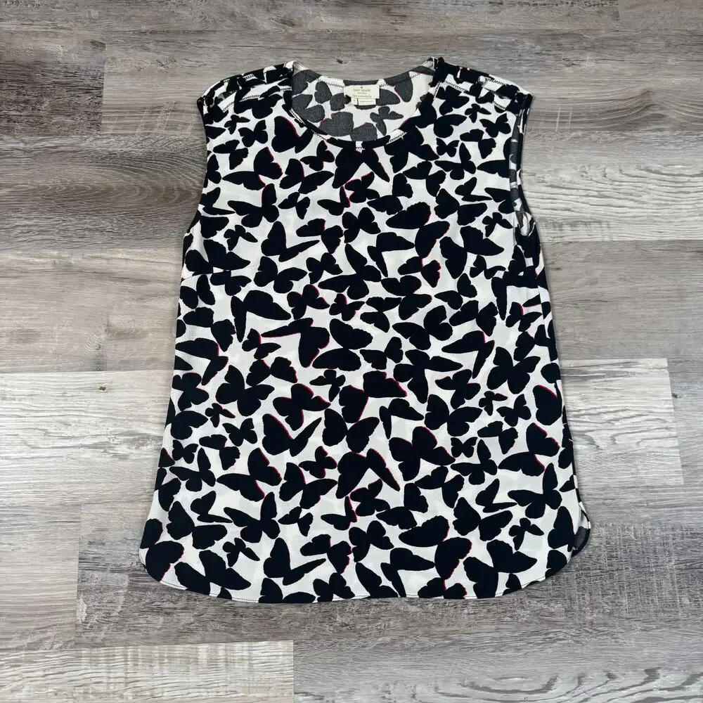 Kate Spade Butterfly Print Sleeveless Blouse White Black Classic Small